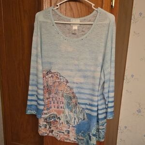 Alfred Dunner Blue and Pink Scenic Blouse